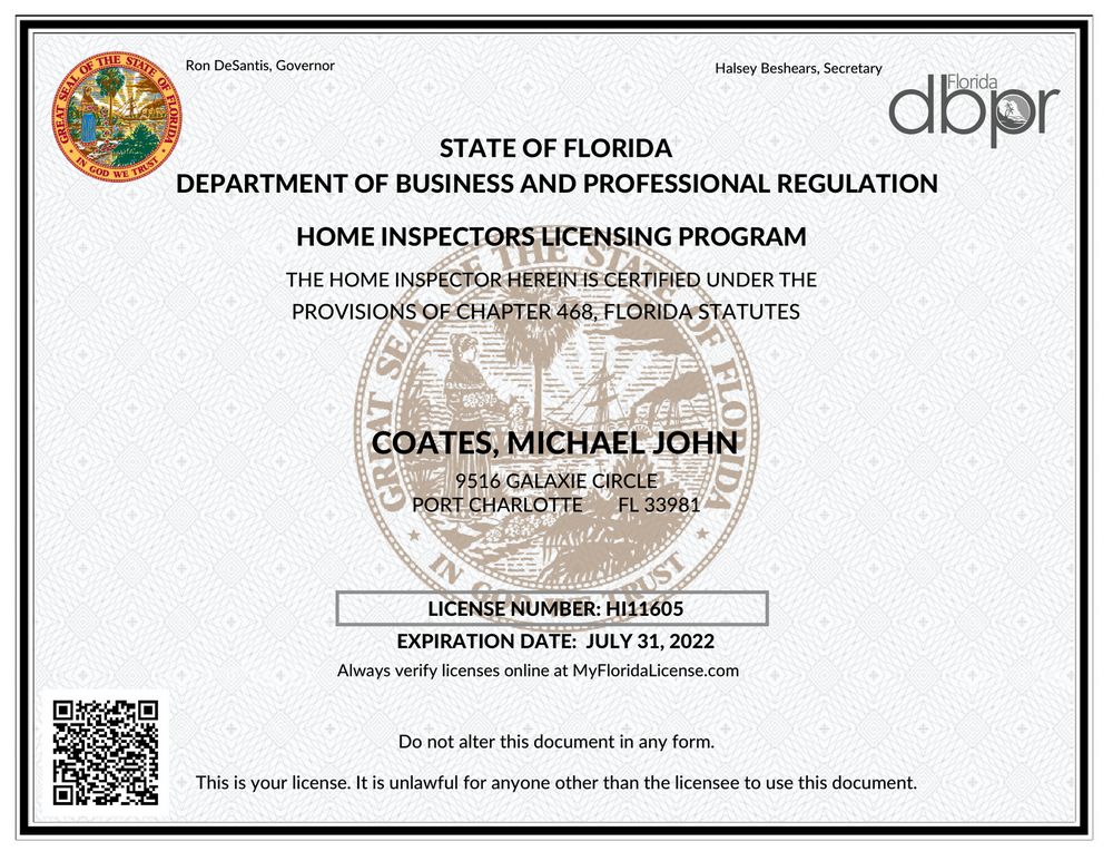 Michael John Coates' State of Florida Home Inspector License - Exp. July 31, 2022