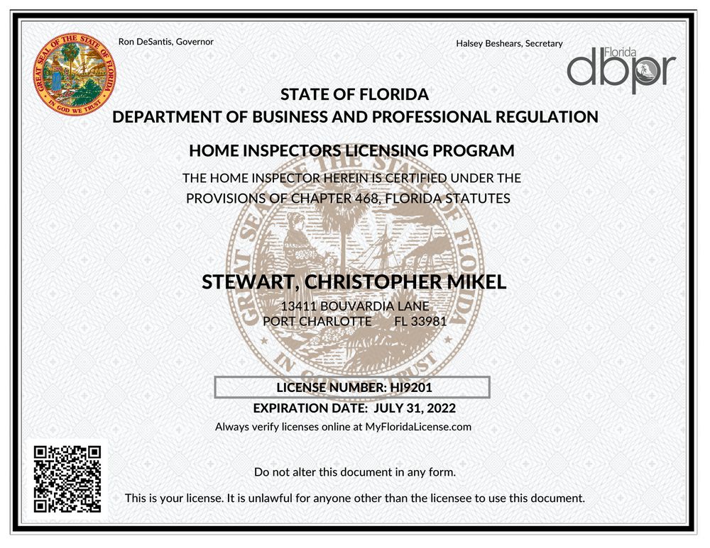 Christopher Stewart's State of Florida Home Inspector License - Exp. July 31, 2022
