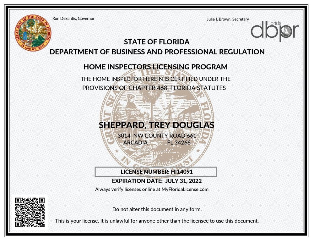 Trey Douglas Sheppard's State of Florida Home Inspector License - Exp. July 31, 2022