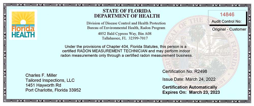 State of Florida Department of Health Radon License for Charles Miller, Tailored Inspections, expired March 23, 2023