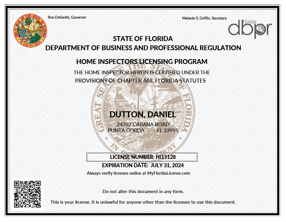 Daniel Dutton's State of Florida Home Inspector License HI15128 - Exp. July 31, 2024