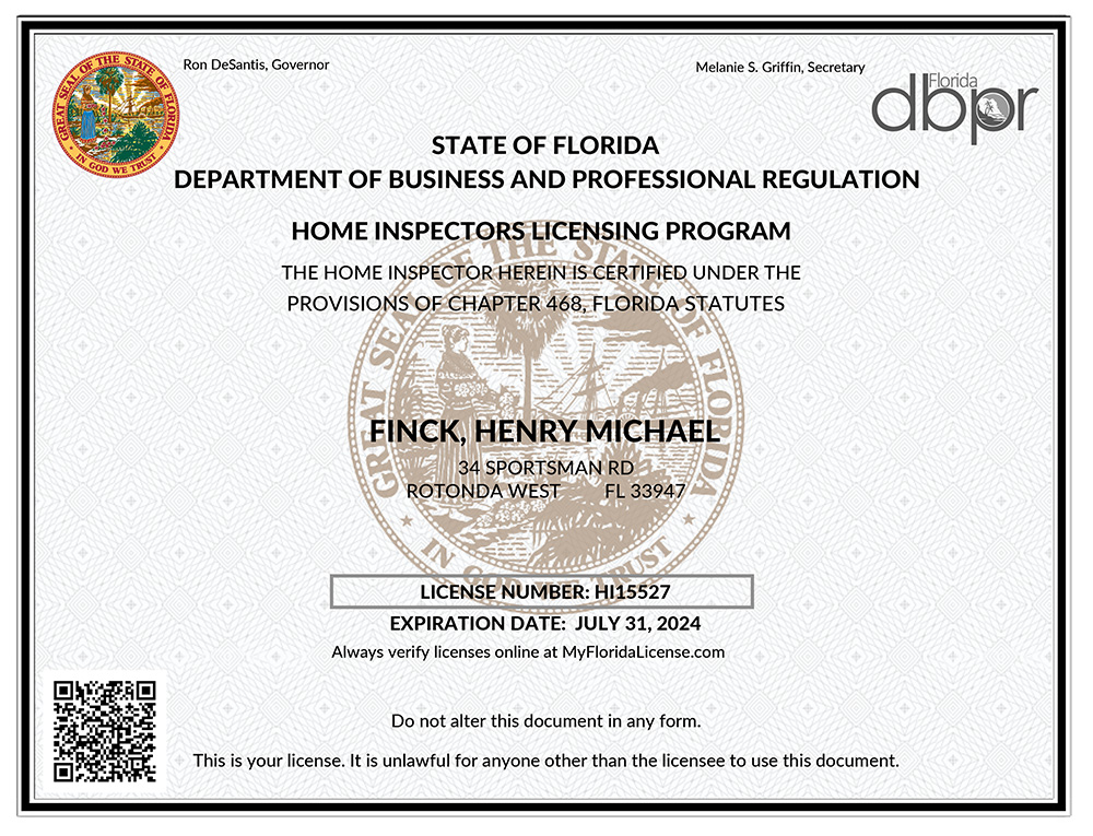 Henry Michael Finck's State of Florida Home Inspector License - Exp. July 31, 2024