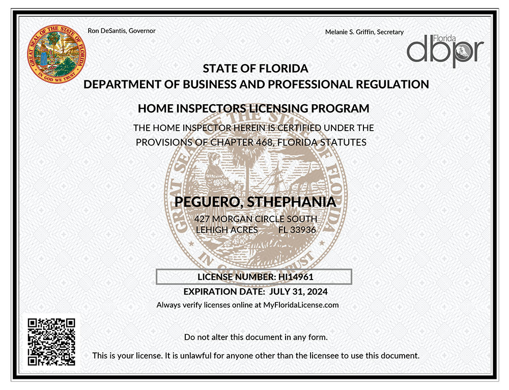 Sthephania Peguero's State of Florida Home Inspector License - Exp. July 31, 2024